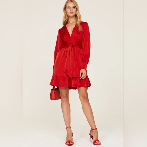 Marissa Webb Collective Satin Tie Front Long-Sleeve Mini Dress In Red Size 12 - Picture 1 of 14